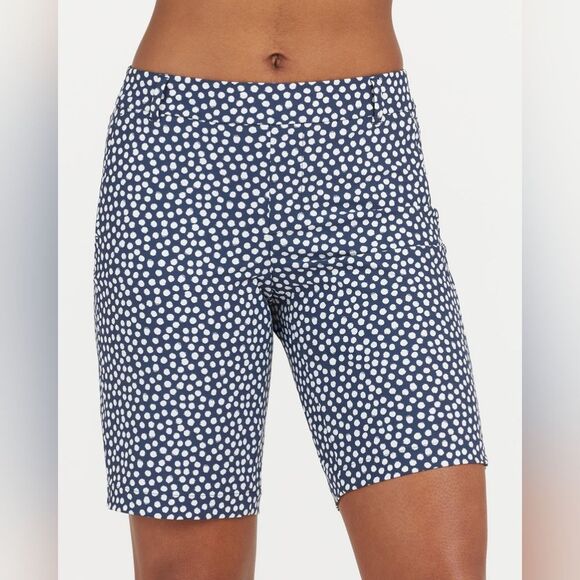NWT SPANX 10" Polkadot Navy Painted Dot Sunshine Bermuda Quick Dry Shorts